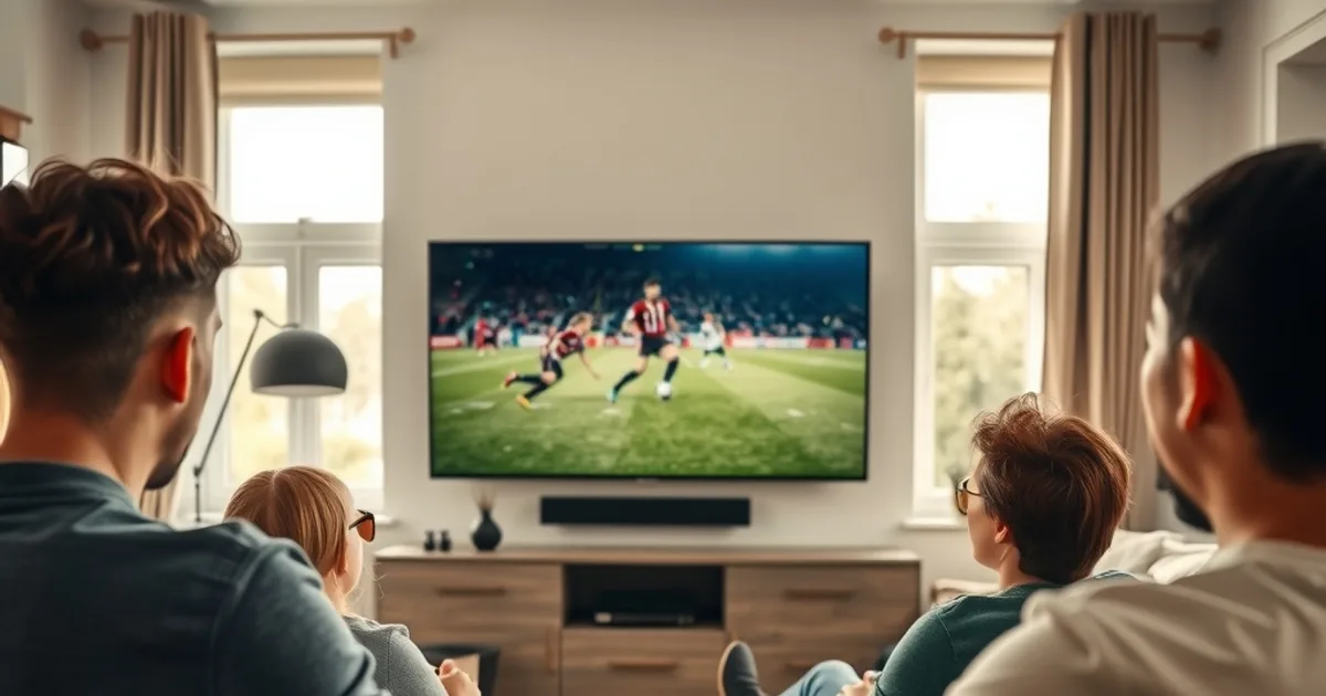 Freunde schauen gemeinsam ein Spiel der 2. Bundesliga in 4K auf einem großen Fernseher in einem hellen Wohnzimmer