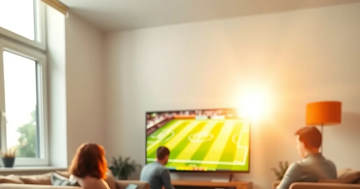 Familie sitzt entspannt im hellen Wohnzimmer vor einem großen Fernseher mit gestochen scharfem Fußballbild, Smartphone liegt griffbereit auf dem Couchtisch