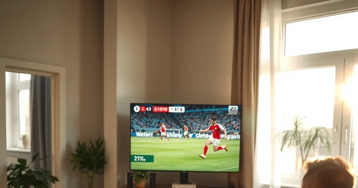 Person prüft im hellen Wohnzimmer die Internetgeschwindigkeit auf dem Laptop, während im Hintergrund ein Fußballspiel auf dem Fernseher läuft
