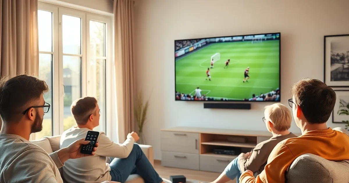 Freunde schauen bei Tageslicht im Wohnzimmer gemeinsam ein Fußballspiel auf einem großen Fernseher