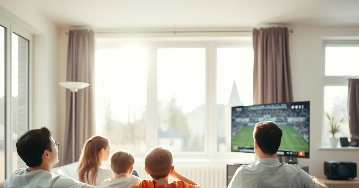 Familie schaut gemeinsam ein Bundesliga-Spiel im hellen Wohnzimmer, mehrere Fernbedienungen liegen auf dem Tisch