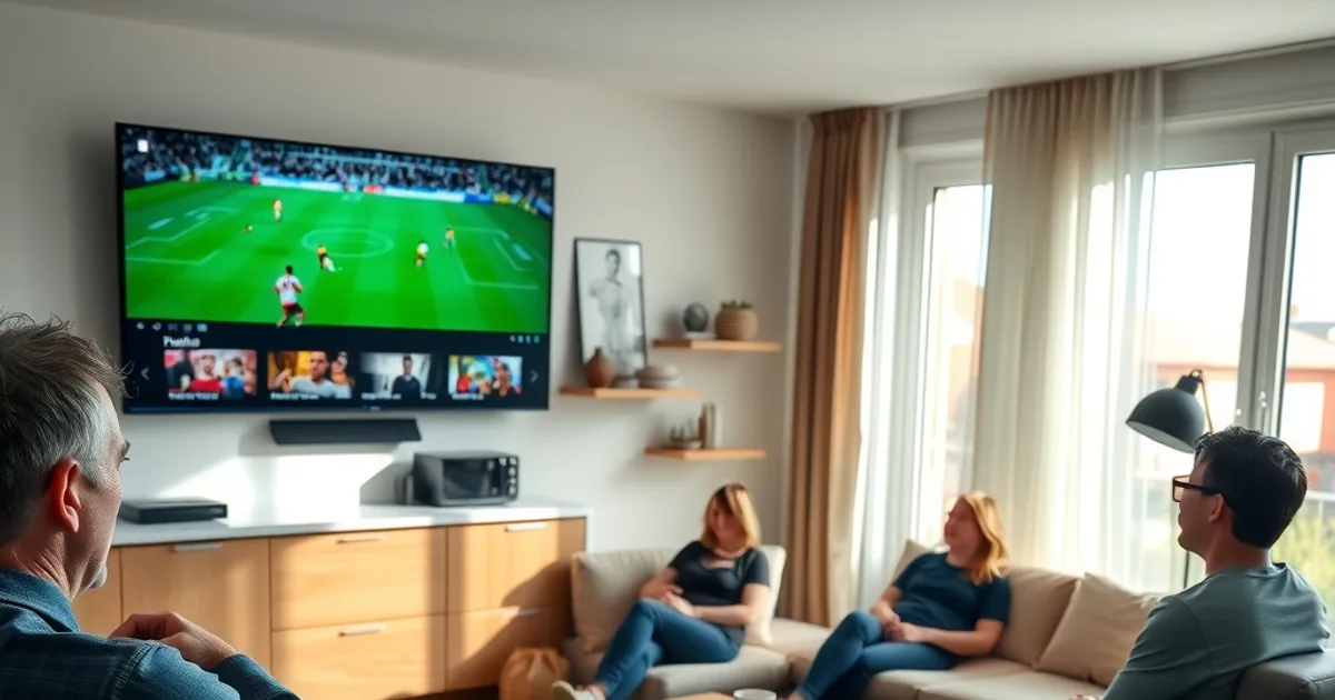 Wohnzimmer mit vier verschiedenen Bildschirmen, auf denen gleichzeitig unterschiedliche Bundesliga-Spiele laufen, im hellen Tageslicht
