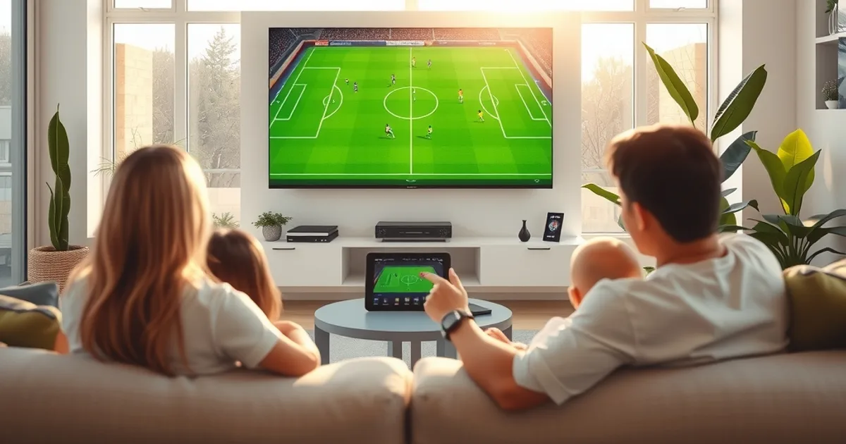 Familie schaut gemeinsam ein Champions-League-Spiel in 4K auf einem großen Fernseher in einem hellen, modernen Wohnzimmer.