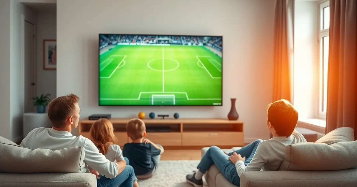 Familie schaut abends gemeinsam ein Champions-League-Spiel in 4K auf einem großen Fernseher im hell eingerichteten Wohnzimmer