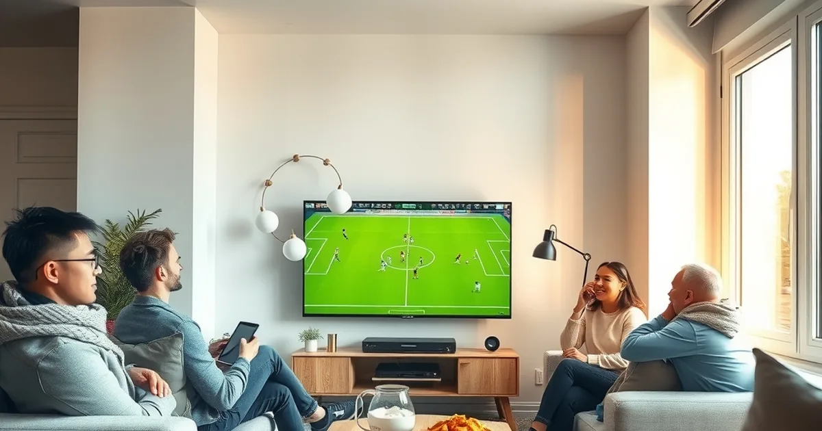 Freunde schauen gemeinsam bei Tageslicht im Wohnzimmer ein Champions-League-Spiel auf einem großen Fernseher