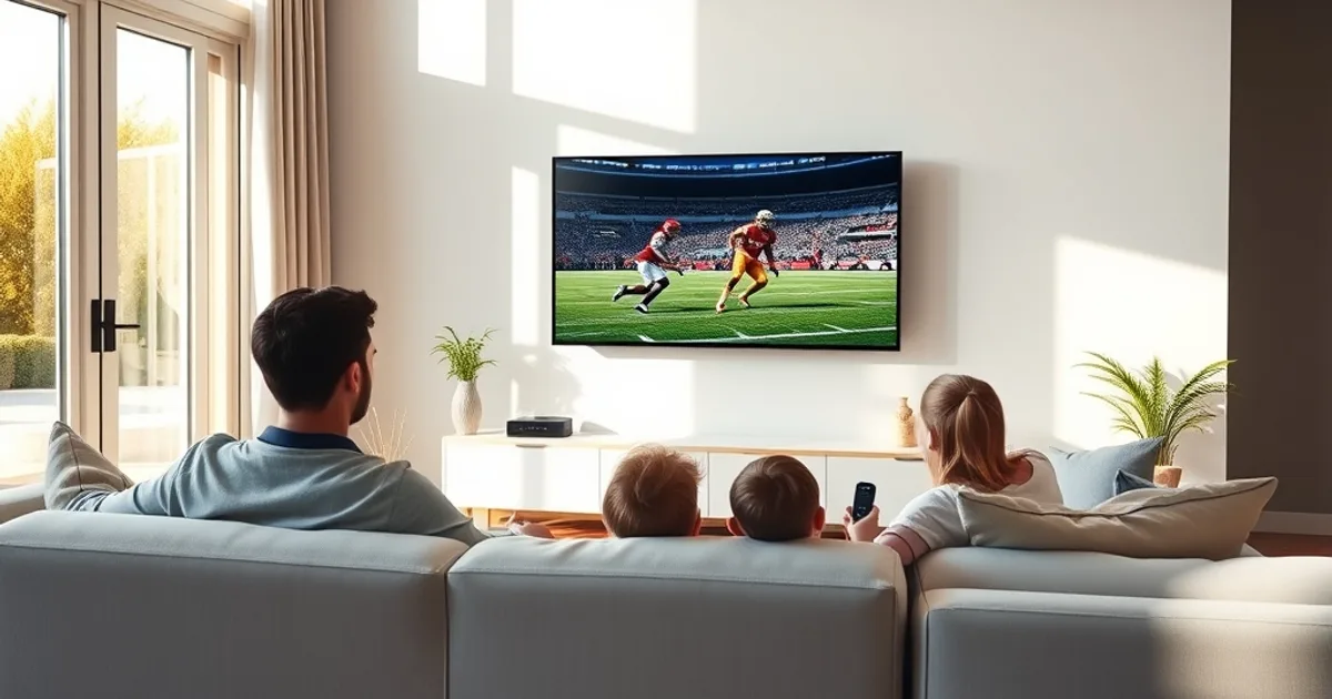 Familie schaut entspannt im hellen Wohnzimmer bei Tageslicht ein Fußballspiel auf einem großen Fernseher