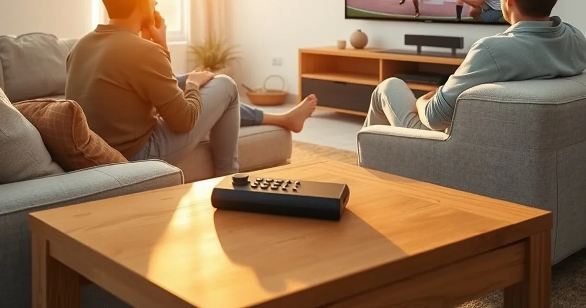 Freunde schauen bei Tageslicht gemeinsam ein Fußballspiel auf einem großen Fernseher im Wohnzimmer