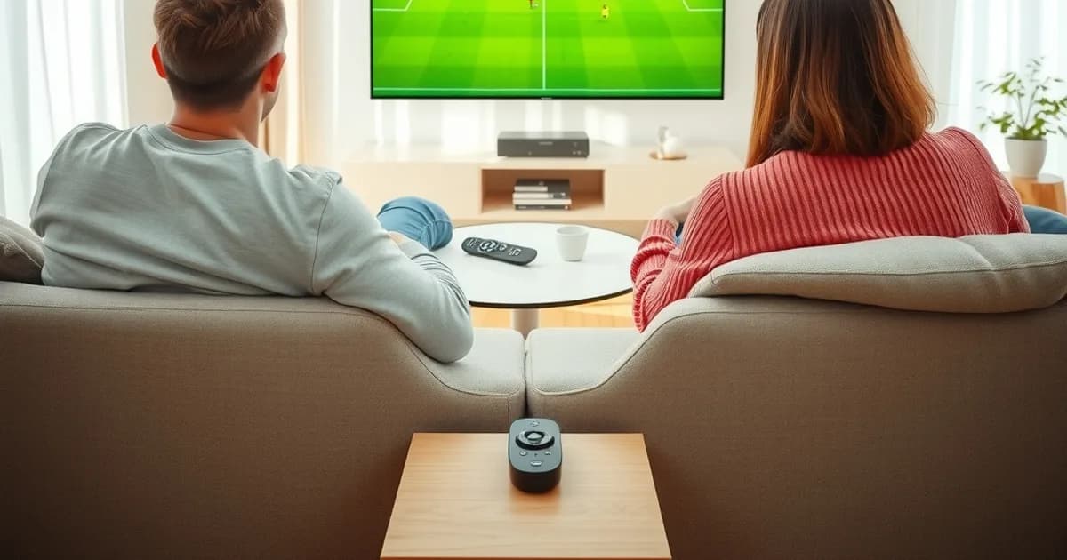 Ein Paar schaut auf einem großen 4K-Fernseher in einem hellen, sonnendurchfluteten Wohnzimmer ein Fußballspiel