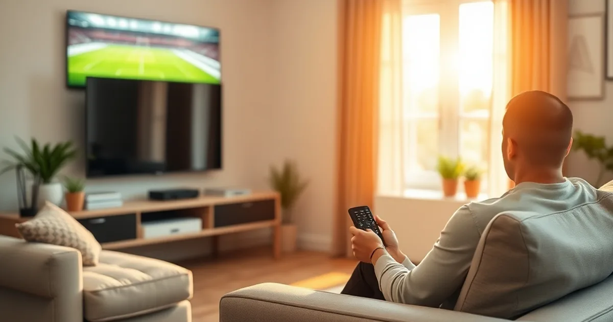 Person sitzt entspannt auf dem Sofa im hellen Wohnzimmer und schaut mit der Fire-Stick-Fernbedienung auf den Fernseher, im Hintergrund ein grün schimmerndes Fußballfeld-Bild.