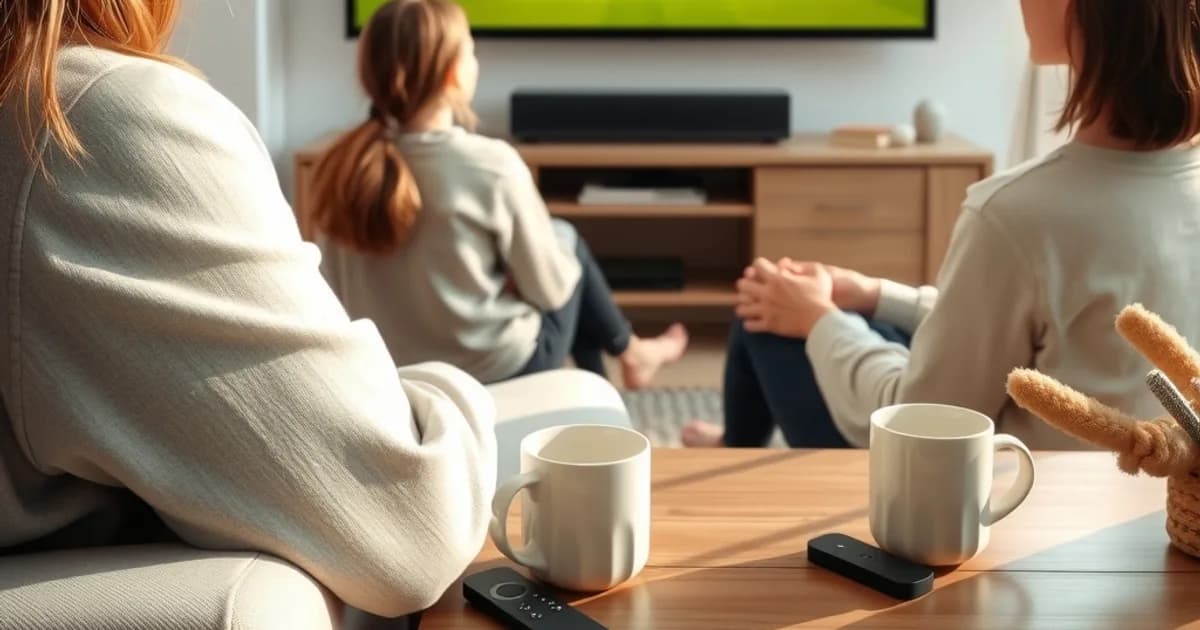 Zwei Personen schauen entspannt ein Frauenfußball-Spiel auf einem großen Fernseher im hellen Wohnzimmer, Fire-TV-Fernbedienung liegt auf dem Tisch