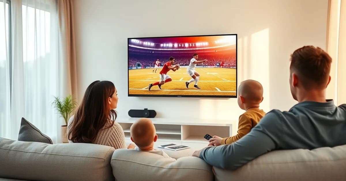 Familie schaut abends gemeinsam ein Bundesliga-Spiel in scharfer 4K-Qualität auf einem modernen Flachbildfernseher im hell erleuchteten Wohnzimmer