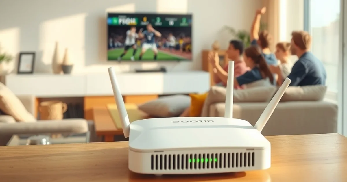 Freunde schauen an einem hellen Nachmittag gemeinsam ein Fußballspiel in 4K, im Vordergrund unscharf ein WLAN-Router auf einem Regal