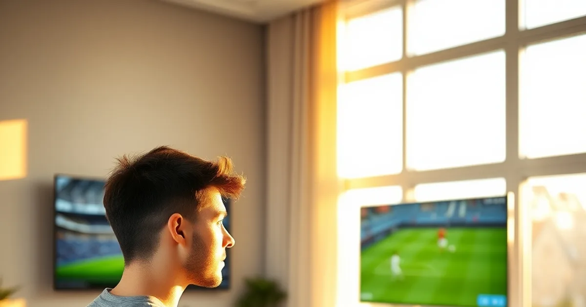 Mann sitzt abends im hellen Wohnzimmer auf dem Sofa, prüft mit einem Tablet die Internetgeschwindigkeit, während im Hintergrund ein Fußballspiel auf dem Fernseher läuft.
