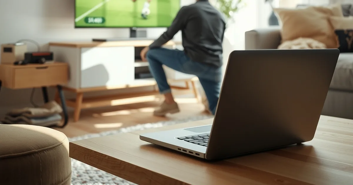 Person justiert abends einen Router im hellen Wohnzimmer, im Hintergrund ein Fernseher mit einem pausierten Fußballspiel