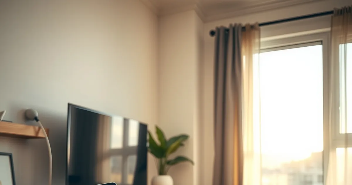 Person prüft die Internetgeschwindigkeit mit dem Smartphone neben Router und Fernseher in einem hellen Wohnzimmer