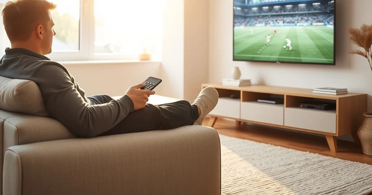 Person sitzt entspannt im hellen Wohnzimmer auf dem Sofa und schaut mit der Fernbedienung in der Hand auf den Fernseher, auf dem ein Fußballspiel läuft