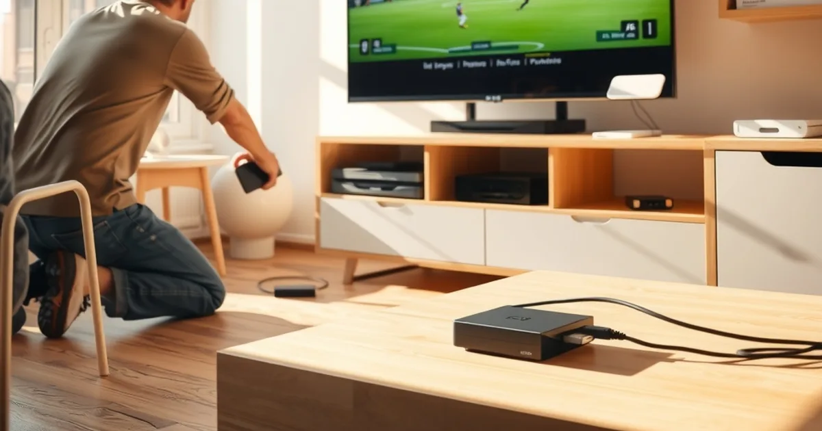 Eine Person verbindet in einem hellen Wohnzimmer eine externe Festplatte mit einem Streaming-Stick am Fernseher, auf dem ein pausiertes Fußballspiel zu sehen ist.