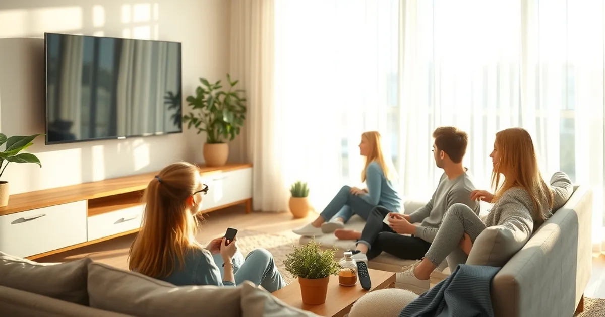 Familie sitzt entspannt im hellen Wohnzimmer bei Tageslicht vor einem großen Fernseher