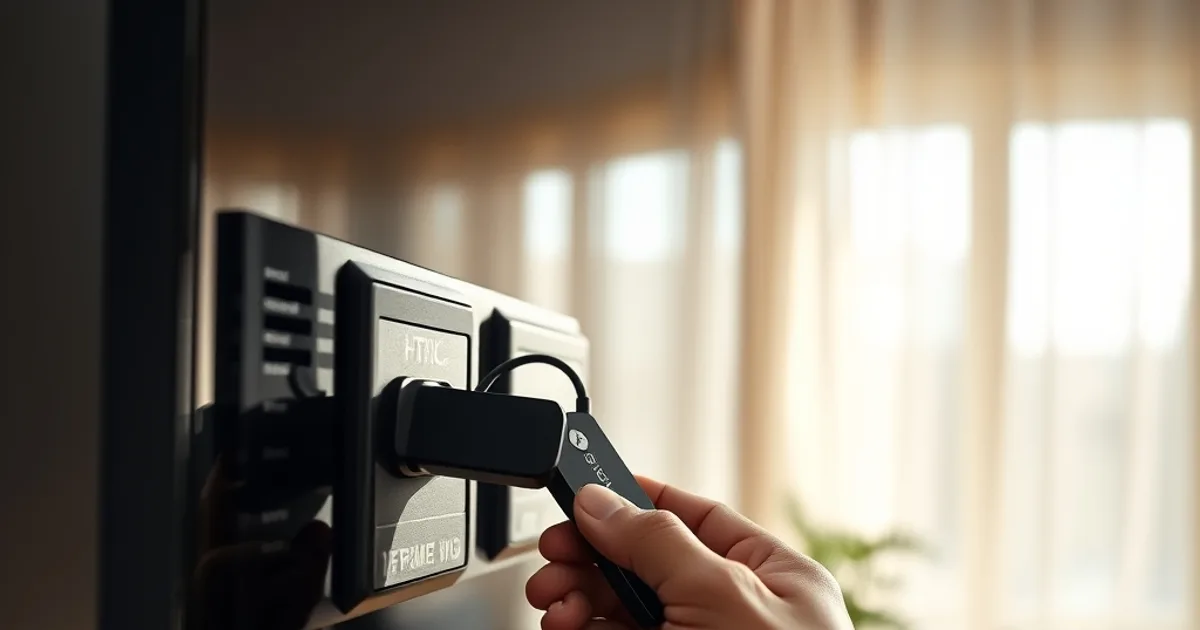 Fire TV Stick wird in den HDMI-Anschluss eines Fernsehers gesteckt, helles Wohnzimmer