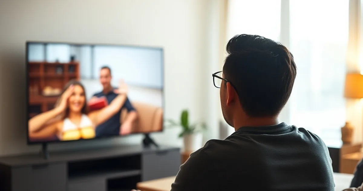 Person prüft konzentriert die 4K-Bildqualität eines IPTV-Streams am Fernseher bei Tageslicht