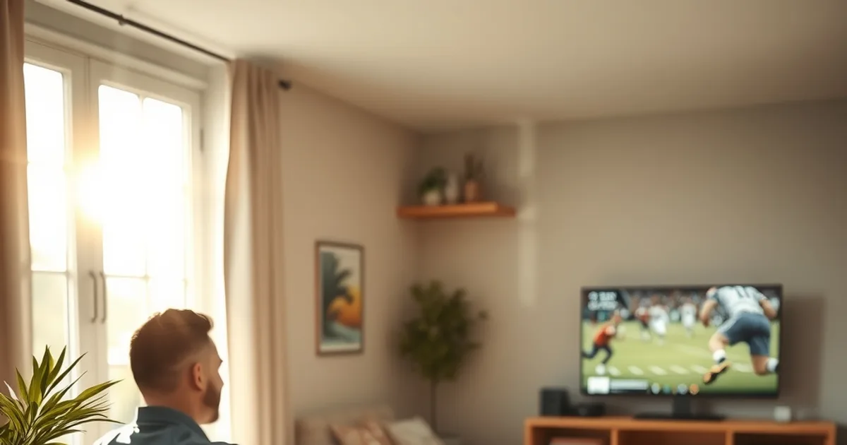 Person arbeitet am Laptop am Fenster mit Tageslicht, im Hintergrund läuft auf dem Fernseher ein zweiter Stream