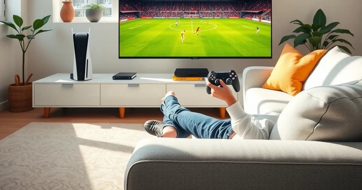 Wohnzimmer bei Tageslicht mit PS5 unter dem Fernseher, auf dem ein Fußballspiel in 4K läuft, Person entspannt auf dem Sofa mit Controller in der Hand