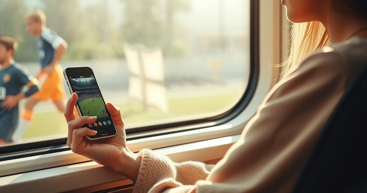 Junge Frau schaut in einer Bahn bei Tageslicht ein Fußballspiel per IPTV-Stream auf ihrem Smartphone