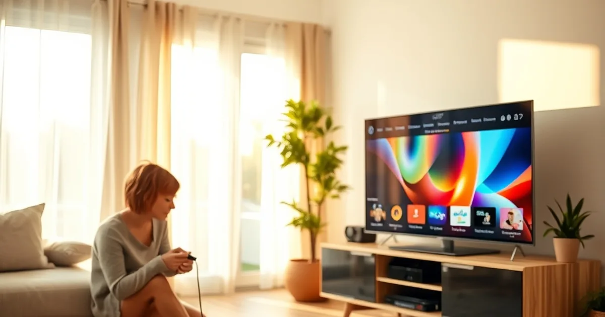 Eine Frau tauscht in einem hellen, sonnigen Wohnzimmer den alten Kabel-Receiver gegen einen kleinen Streaming-Stick aus.