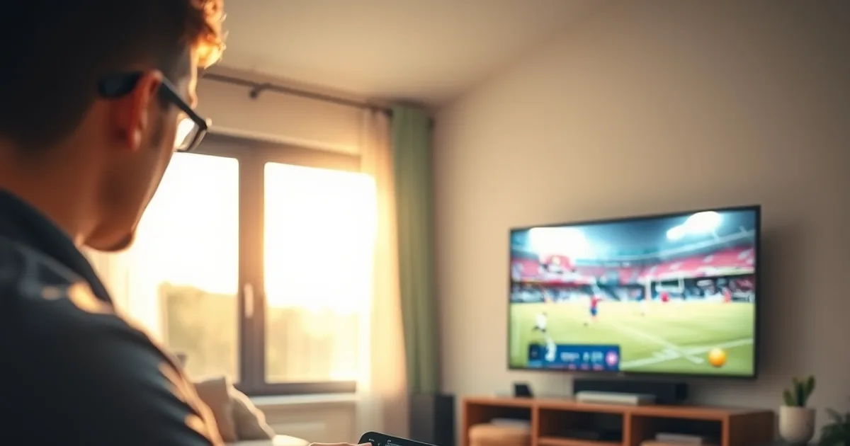Person richtet in einem hellen Wohnzimmer bei Tageslicht ein Streaming-Gerät für Live-Fußball auf dem Fernseher ein