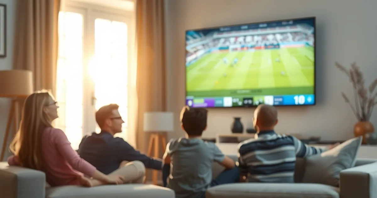 Familie schaut gemeinsam ein Bundesliga-Spiel auf einem großen Fernseher in einem hellen, sonnigen Wohnzimmer