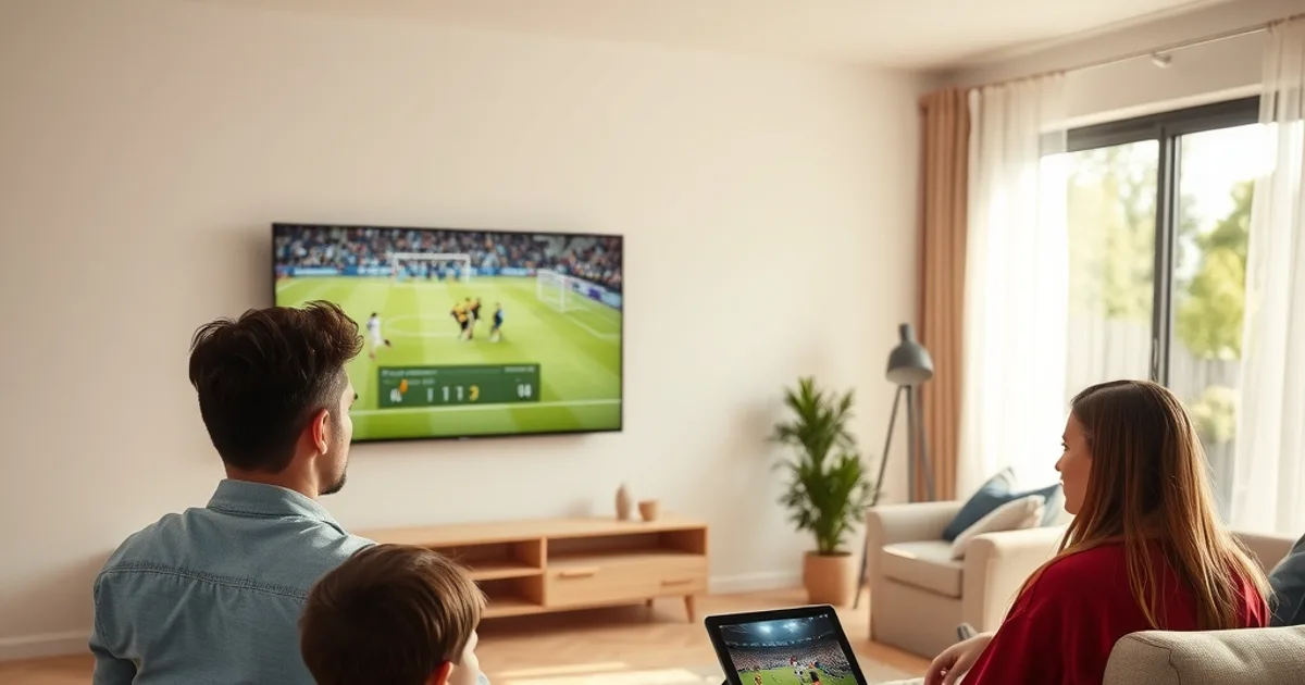 Familie schaut am Nachmittag bei natürlichem Licht ein Länderspiel auf einem großen Smart-TV, während auf einem Tablet daneben ein zweites Spiel läuft