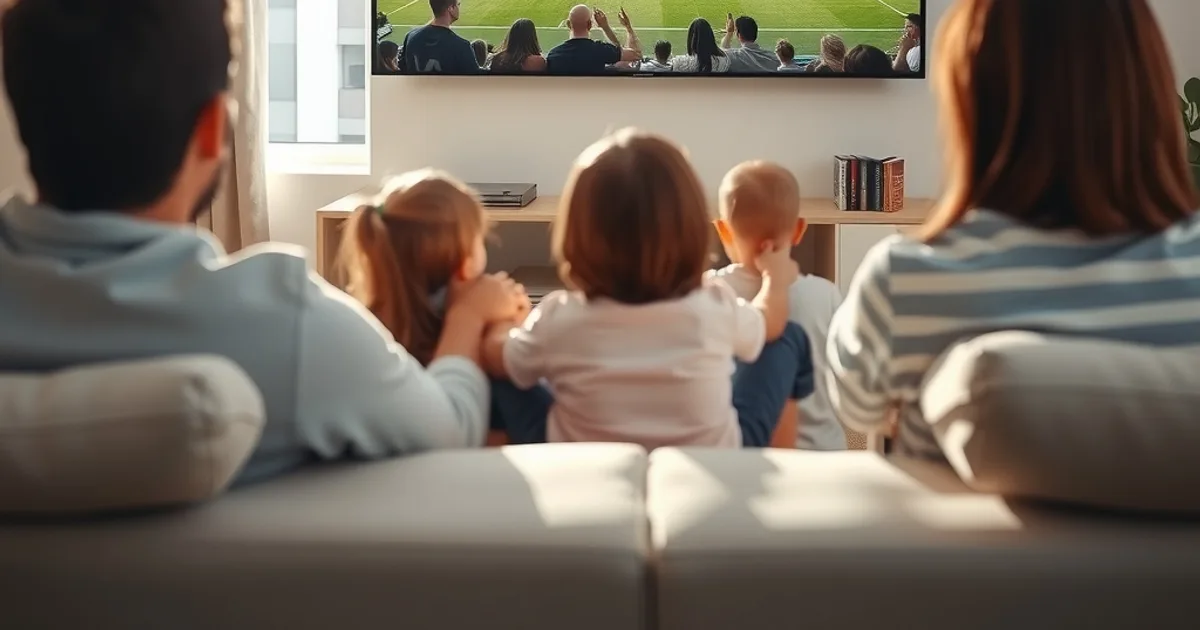 Eine Familie sitzt bei Tageslicht im hellen Wohnzimmer und schaut ein Fußballspiel auf einem großen wandmontierten Fernseher
