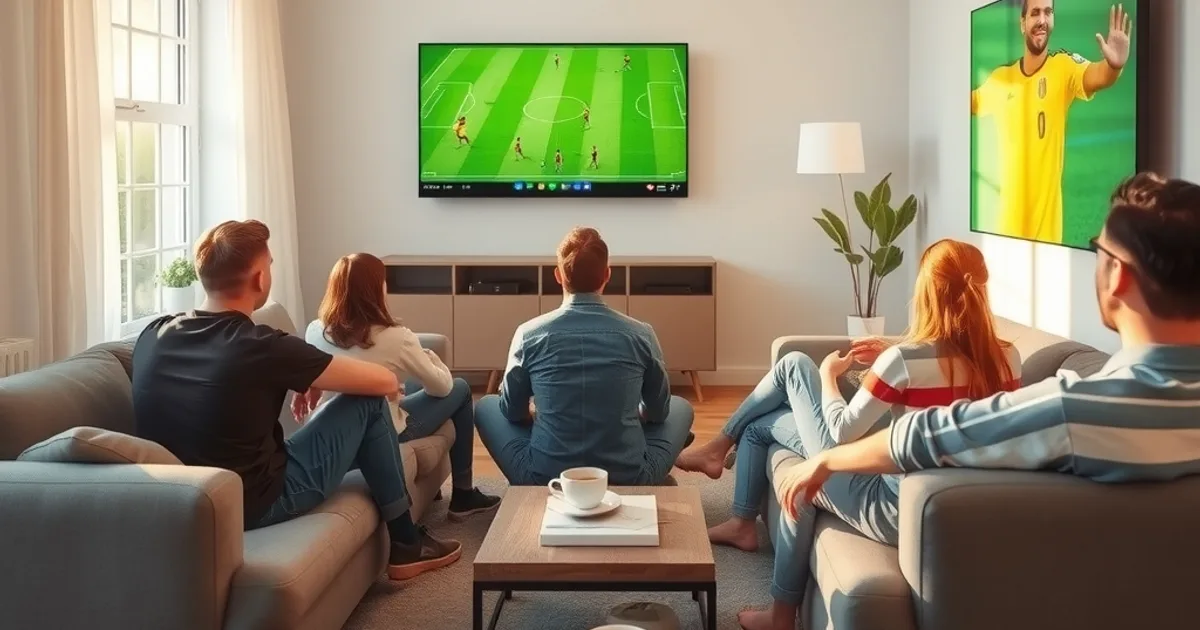 Freunde schauen bei Tageslicht gemeinsam ein Serie-A-Spiel in 4K auf einem großen Fernseher im Wohnzimmer
