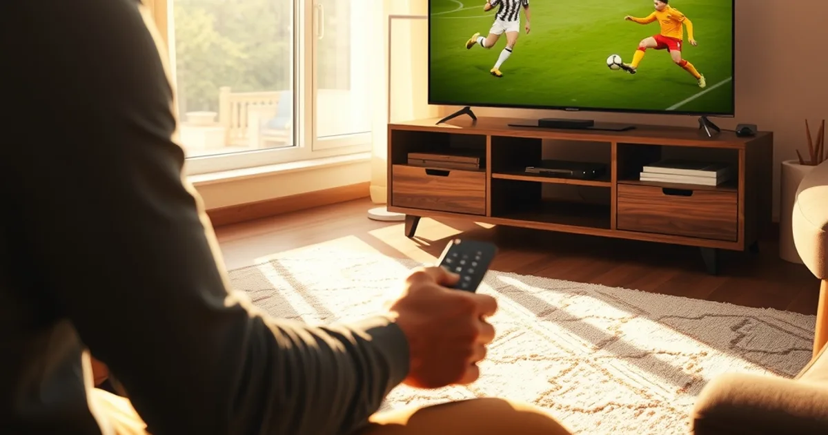 Person richtet im hellen Wohnzimmer bei Tageslicht eine Streaming-Box für ein Fußballspiel auf dem Fernseher ein