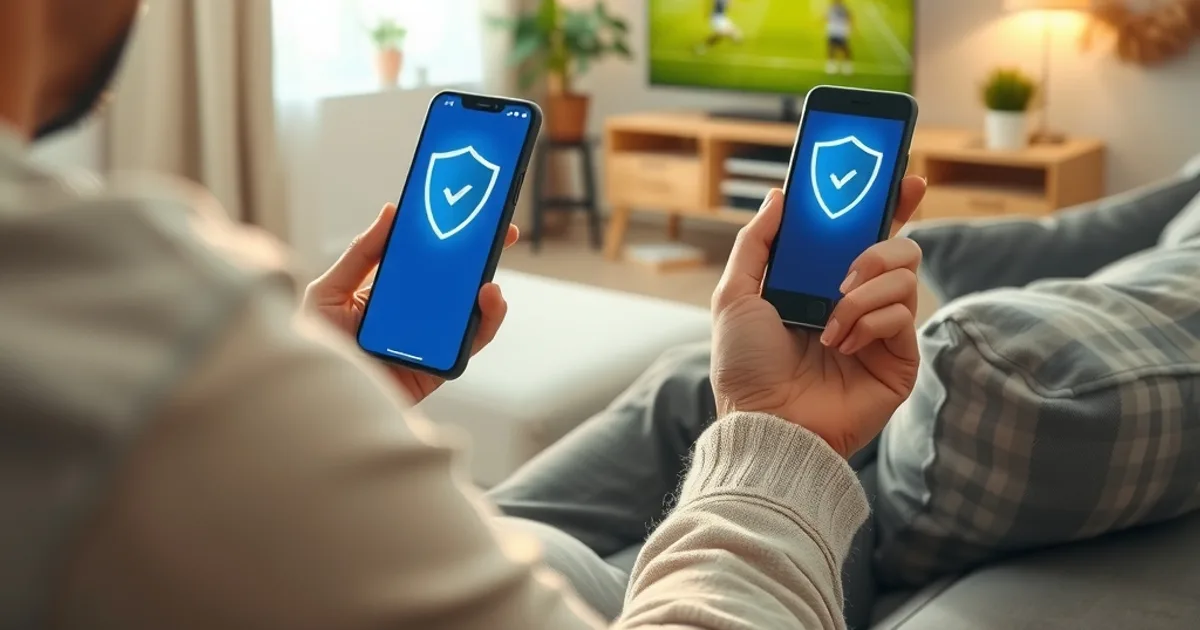 Person auf dem Sofa mit Smartphone in hellem Wohnzimmer, im Hintergrund läuft ein Fußballspiel auf dem Fernseher