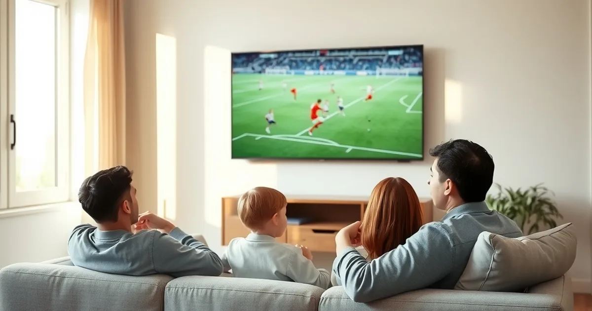 Familie schaut gemeinsam auf dem Sofa ein Fußballspiel in 4K auf einem großen Fernseher in einem hellen Wohnzimmer